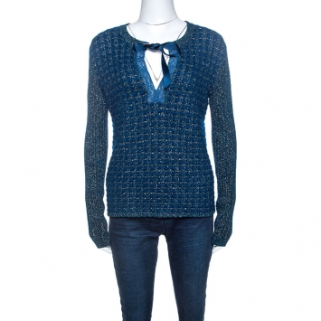 Pre Owned Chanel Blue-Green Tweed Mohair Wool Chain Detail Cardigan M