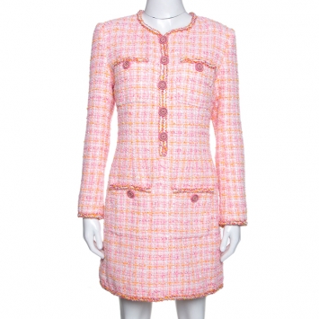 Pre Owned Chanel Pink Tweed Sequin Detail Long Sleeve Dress M