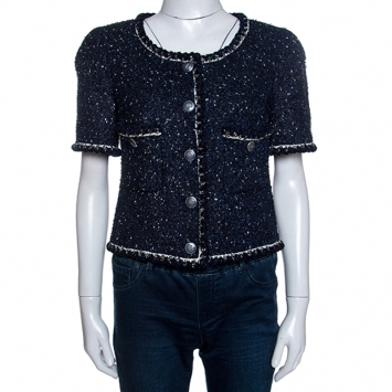 Pre Owned Chanel Navy Blue Textured Short Sleeve Jacket M