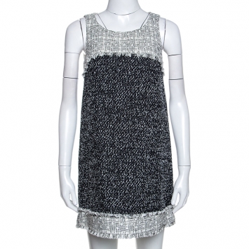 Pre Owned Chanel Monochrome Tweed Sleeveless Shift Dress S