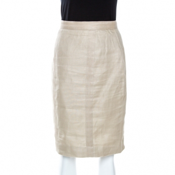 Pre Owned Chanel Vintage Beige Linen Pencil Skirt S 