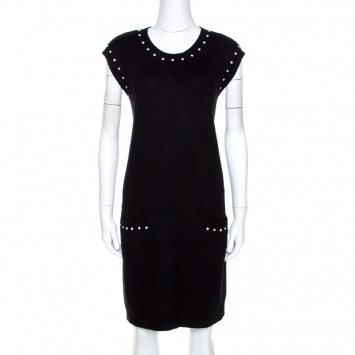 مملوكة مسبقًا Chanel Black Pearl Embellished Knit Shift Dress XL