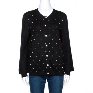 Pre Owned Chanel Black Stud Embellished Mohair Button Front Cardigan L