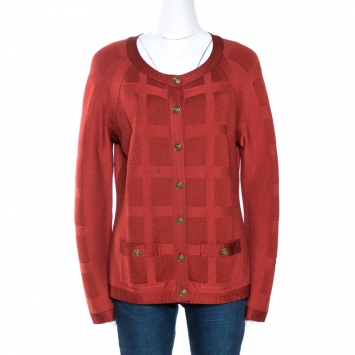 Pre Owned Chanel Brick Red Textured Knit Button Front Cardigan L