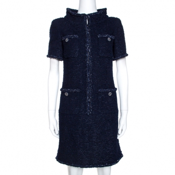 Pre Owned Chanel Navy Blue Fantasy Tweed Shift Dress S