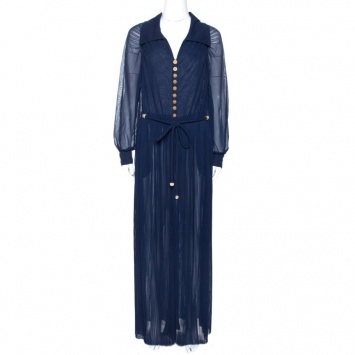 Pre Owned Chanel Navy Blue Plisse Silk Button Detail Belted Jumpsuit M