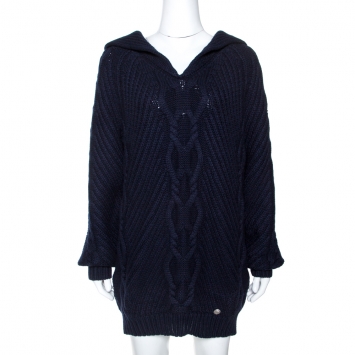 Pre Owned Chanel Navy Blue Cable Knit Long Sleeve Sweater Dress M