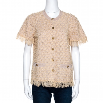 Pre Owned Chanel Beige Eyelet Knit Fringed Button Front Cardigan M