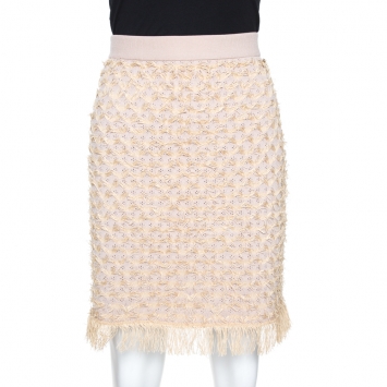 Pre Owned Chanel Beige Eyelet Knit Fringed Mini Skirt M