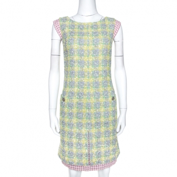 Pre Owned Chanel Multicolor Boucle Tweed Shift Dress M