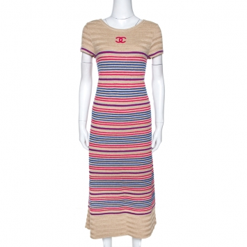 Pre Owned Chanel Beige Striped Lurex Linen Cashmere Logo Detail Dress M