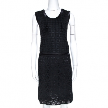 Pre Owned Chanel Black Crochet Knit Silk Sleeveless Midi Dress M