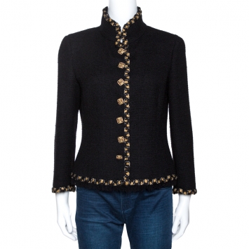 Pre Owned Chanel Black Fantasy Tweed Wool Button Front Jacket M