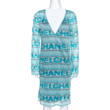 Pre Owned Chanel Blue Logo Print Cotton Beach Cover Up Tunic M