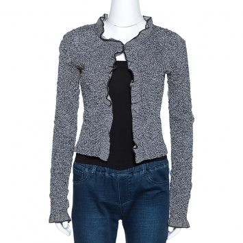 Pre Owned Chanel Monochrome Textured Camelia Pattern Detail Cropped Jacket M