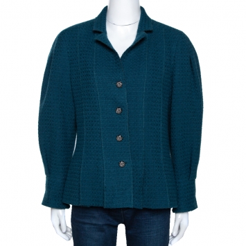 Pre Owned Chanel Teal Blue Wool Tweed Paneled Jacket L