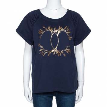 Pre Owned Chanel Navy Blue Grecian Goddess CC Print Cotton T-Shirt L