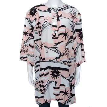 Pre Owned Chanel Pink Printed Silk Three Quarter Sleeve Tunic M 