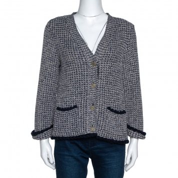 Pre Owned Chanel Navy Blue & Beige Cotton Blend Lurex Knit Cardigan L