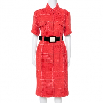Pre Owned Chanel Red Tweed Belted Midi Dress L