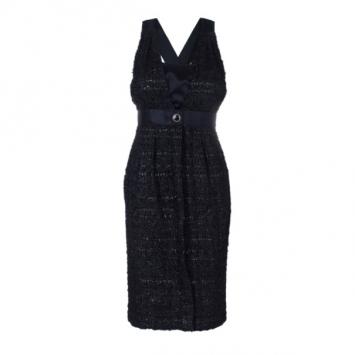 Pre Owned Chanel Black Tweed Metallic Dress M