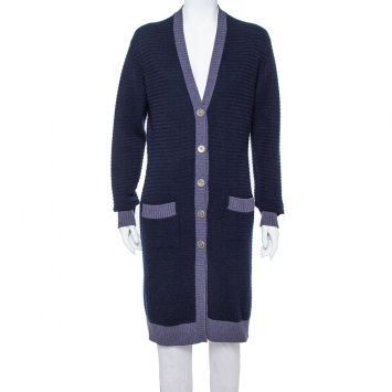 Pre Owned Chanel Navy Blue Cashmere  Long Button Front Cardigan M