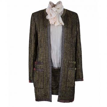 Pre Owned Chanel Metallic Textured Skirt Suit With Pleated Top M