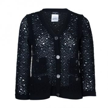 Pre Owned Chanel Black Crochet Knit Cardigan M