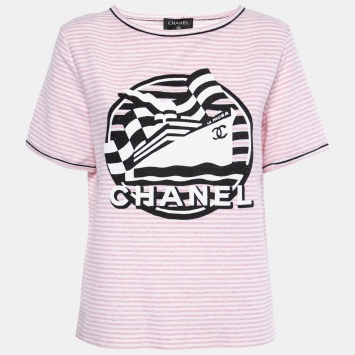 مملوكة مسبقًا Chanel Pink Striped Terry Logo Print Crewneck T-Shirt M