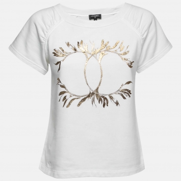 Pre Owned Chanel White Cotton Logo Printed Short Sleeve T-Shirt XS