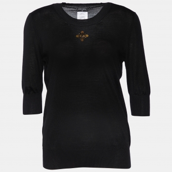 Pre Owned Chanel Black Logo Embellished Cashmere & Silk Round Neck Sweater M