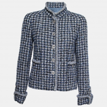 Pre Owned Chanel Blue Tweed Chain Trim Jacket M