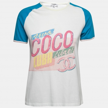 Pre Owned Chanel White Cotton Cuba Libre Print T-Shirt S