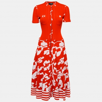 Pre Owned Chanel Red Floral Printed Stretch Knit Zip-Up Midi Dress M