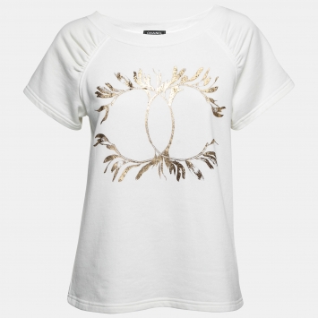 Pre Owned Chanel White Logo Print Cotton Boat Neck T-Shirt XS