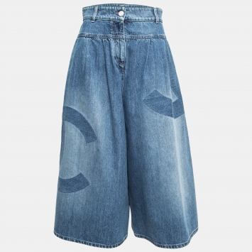 Pre Owned Chanel Blue Denim Logo Patched Wide Leg Cropped Jeans M Waist 28"