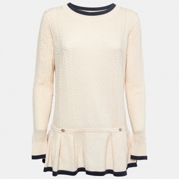 Pre Owned Chanel Cream & Blue Contrast Knit Pullover Top L