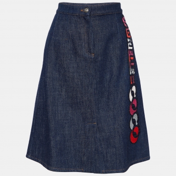 Pre Owned Chanel Indigo Denim Coco Applique A-Line Skirt L