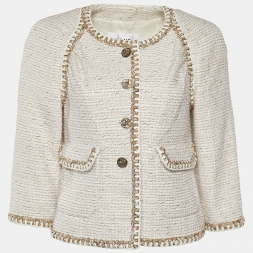 Pre Owned Chanel White Tweed Button Front Jacket M