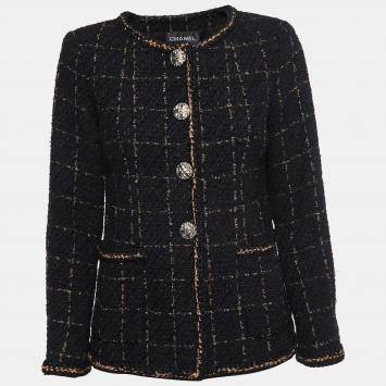 Pre Owned Chanel Black & Gold Tweed Braided-Trim Jacket M