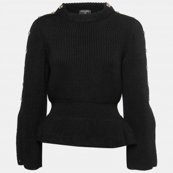 Pre Owned Chanel Black Knit Button Embellished Peplum Sweater M