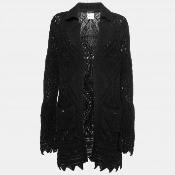 Pre Owned Chanel Black Crochet Knit Collared Cardigan L