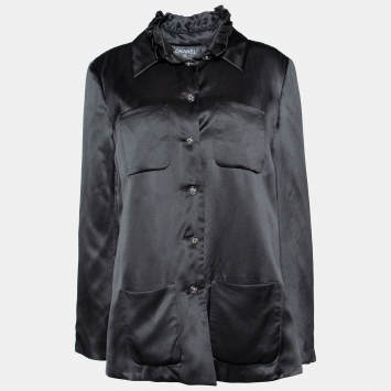 Pre Owned Chanel Black Satin Ruffle Neck Button Front Shirt L