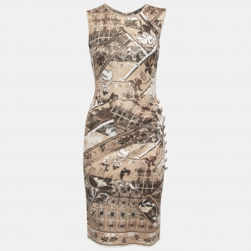 Pre Owned Chanel Beige/Brown  Jacquard Knit Button Detail Sleeveless Dress S