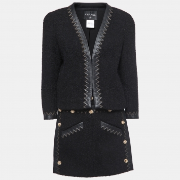 Pre Owned Chanel Black Boucle Wool Leather Trimmed Salzburg Skirt Suit M