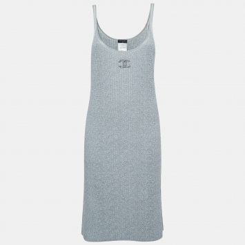 Pre Owned Chanel Blue/Grey Metallic Ribbed Knit Sleeveless Midi Dress L