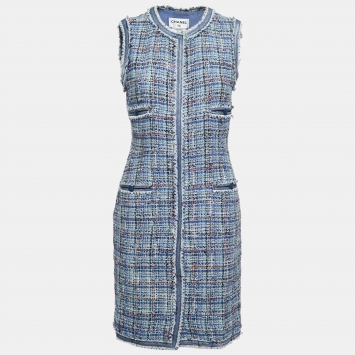 Pre Owned Chanel Blue/Multicolor Tweed Sleeveless Midi Dress M