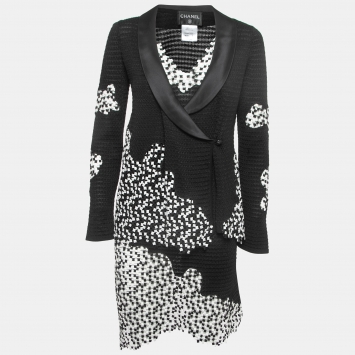 Pre Owned Chanel Monochrome Textured Knit & Woven Inset Sleeveless Jacket Dress Set S