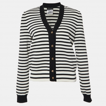 Pre Owned Chanel Black & White Striped Cotton Knit Cardigan M