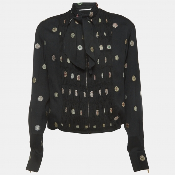 Pre Owned Chanel Black Patterned Silk Zip Front Neck Tie Blouse S